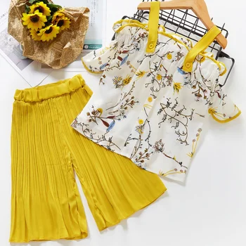 Комплект одежды для маленьких девочек 2023, Летний комплект одежды желтого цвета из двух предметов, модные наряды в корейском стиле для маленьких детей, шифоновый костюм