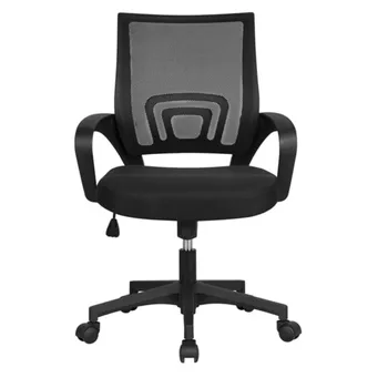 Офисное кресло из черной сетки с регулируемой средней спинкой, поворотным основанием и подлокотниками для повышения комфорта и поддержки дома или в офисе