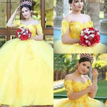 Пышные платья принцессы из тюля и кружева, желтое бальное платье с открытыми плечами, 16 сладких вечерних платьев на заказ, доступны большие размеры