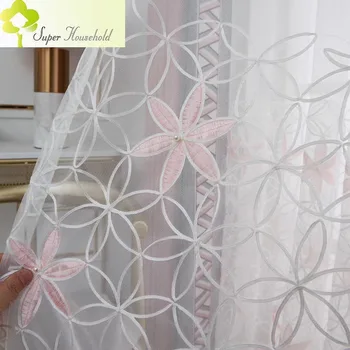 Высококачественная вышивка 3D Жемчужный тюль Шторы для обработки окон спальни Белый Розовый прозрачный для гостиной Сетчатая пряжа
