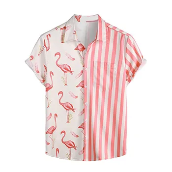 Гавайская рубашка мужская С коротким рукавом Розовый лацкан с принтом в стиле пэчворк Уличная одежда 2023 для летних каникул Повседневная S-3XL
