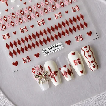 3D самоклеящиеся наклейки для ногтей в клетку с сердечками, ромбовидный узор, бант, сердце любви, 5D рельефы, наклейки для украшения ногтей.