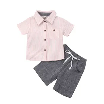 1-5У малыш малыш ребенок мальчик джентльмен одежда наборы розовый в полоску короткий рукав хлопок топ футболка брюки одежда набор