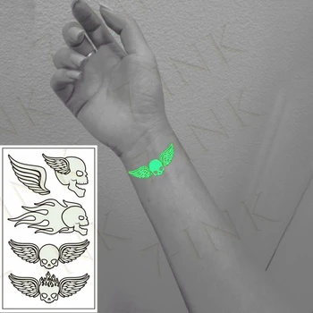 Светящаяся наклейка с татуировкой, Флуоресцентное Огненное крыло, Череп, водонепроницаемые временные наклейки с татуировками для вечеринки в стиле боди-арт.