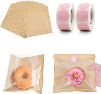 Пакеты для выпечки размером 7,1x7,5 дюйма, 100 упаковок с Окошком, Кондитерские Пакеты Из Крафт-бумаги, Пищевые Пакеты для печенья, Пончиков, Сэндвичей