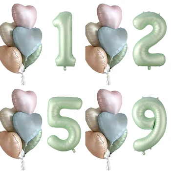 1 комплект 40-дюймовых кремово-зеленых шариков из фольги с цифрами и винтажным однотонным шариком в виде сердца для украшения свадьбы на 1-й день рождения ребенка