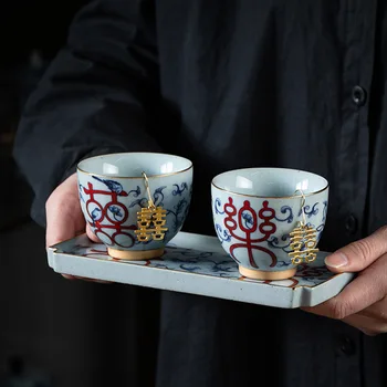 Синие и белые счастливые чашки Керамические чашки Свадебные подарки чайный сервиз кунг-фу Ручной работы Чайная чашка Аксессуары для чайного сервиза 75 мл чайная чашка и чайный поднос