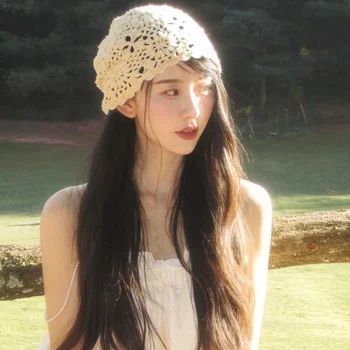 Корейская версия 2023 года Новой весенне-летней тонкой полой шапочки-бини, вязаной крючком вручную, модной женской вязаной шапки с темпераментом.