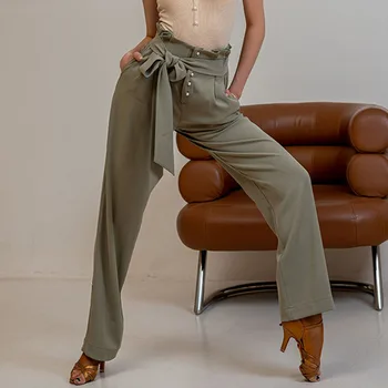 Дизайн с поясом и высокой талией, женские брюки для латиноамериканских танцев, женские брюки, костюм для соревнований по бальным танцам YS464X