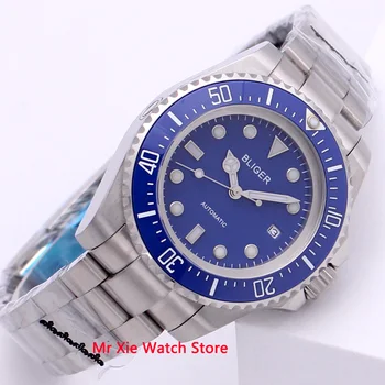 Bliger 43 мм Автоматические механические мужские часы Бизнес люксового бренда, керамический безель, день, дата, сапфировое стекло, люминесцентные наручные часы для мужчин