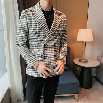 Модный мужской клетчатый блейзер в деловую и повседневную клетку, Двубортный джентльменский пиджак, мужской банкетный тонкий пиджак 2023