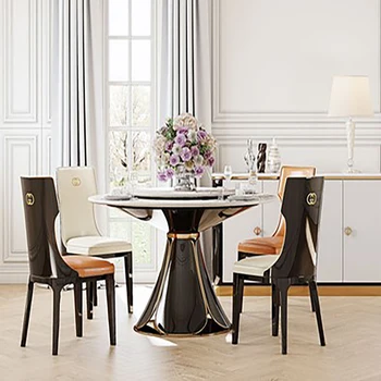 современный легкий роскошный круглый обеденный стол, вилла, гостиная, простой поворотный стол из цельного дерева, обеденный стол и стул в сочетании