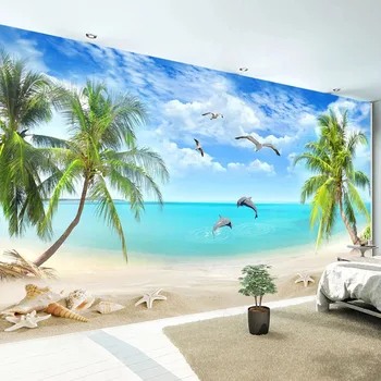 Изготовленные На Заказ Настенные Обои Любого Размера 3D Кокосовая Пальма Пляж Морской Пейзаж Фотообои Гостиная ТЕЛЕВИЗОР Диван Спальня Фон Стены 3 D