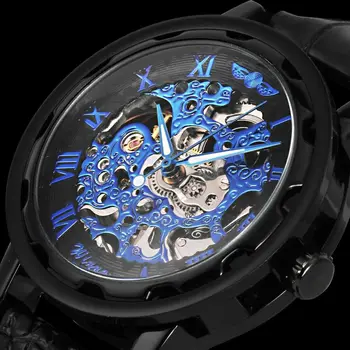 Winner Hand Wind Механические мужские часы Skeleton, черно-синие наручные часы, корпус из нержавеющей стали, кожаный ремешок, часы