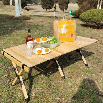 Деревянный стол для кемпинга, Складной переносной стол для барбекю в стиле яичного рулета, Садовая мебель для пикника из массива дерева