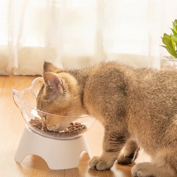 Миска для домашних кошек с прозрачной пластиковой приподнятой подставкой для кормления, двойная миска для кормления домашних животных, миска для подачи воды с наклоном на 15 градусов, защита шеи