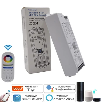 WiFi 5в1 WB5 Светодиодный контроллер Tuya APP Smart Voice Dimmer Control 12-24 В, совместимый с Bluetooth Для CCT RGB RGBW RGBCCT Светодиодная лента