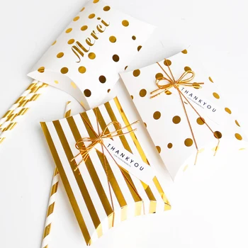 5шт Бумажных подарочных коробок Сумка в форме подушки из бумаги в золотистую полоску в горошек, Спасибо, Коробка конфет, Свадебная упаковка, Картонная коробка, вечеринка