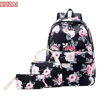 KUZAI, 3 шт. /компл., холщовый школьный рюкзак для девочек, набор детских школьных сумок, винтажная сумка с цветами, сумка для книг, сумка для еды, ручка, карандаш, подарок