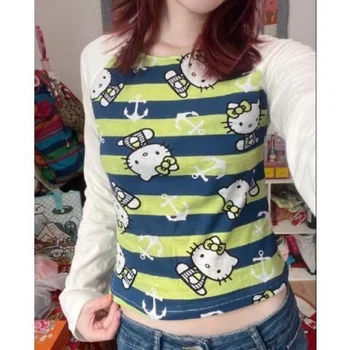 Японский топ Hello Kitty Stripe Splice Girl Y2K, Универсальная футболка Cute Sweet Soft Girl с длинным рукавом, графические футболки, Женская одежда
