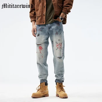 Мужские джинсы American Hole с винтажным выстиранным уличным принтом, свободные модные повседневные брюки Y2k, прямые джинсовые брюки в стиле ретро в стиле хип-хоп