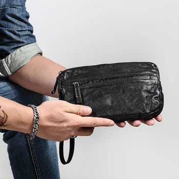 AETOO Маленькая сумка для рук на двойной молнии с браслетом, мужской кошелек из натуральной кожи большой емкости, мужская сумка из мягкой кожи в стиле ретро cowhi