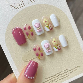 Ручной Работы Kawaii Pink Bear Press on Nails Многоразовый Клей, Милые Накладные Ногти с Дизайном, Искусственный Приклеивающийся Кончик Ногтя для Девочек