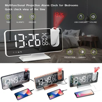 Светодиодный цифровой проекционный будильник, Электронный будильник с проекцией FM-радио, проектор времени, Прикроватные часы для спальни с отключением звука