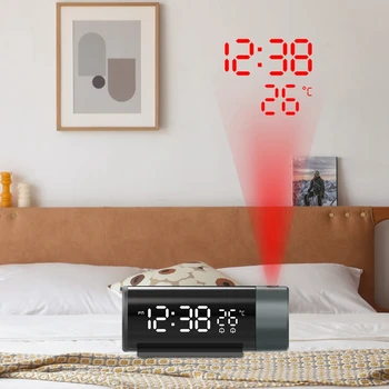 Цифровой проекционный будильник, термометр, вращение на 180 °, зарядка телефона через USB, Настольная Прикроватная тумбочка для спальни, Настенный проектор, часы с 2 повторами