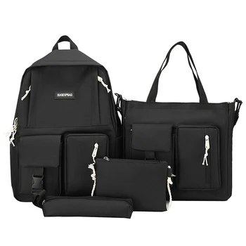 комбинированный набор из 4шт холщовых рюкзаков Школьные сумки с сумкой через плечо Пенал Повседневная Школьная сумка для девочек-подростков Женский рюкзак