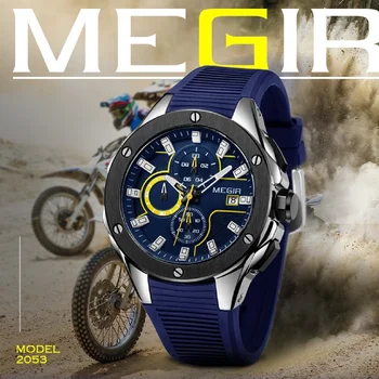 MEGIR Мужской спортивный хронограф, кварцевый силиконовый ремешок, люминесцентные водонепроницаемые мужские повседневные армейские наручные часы Man Date Relogios