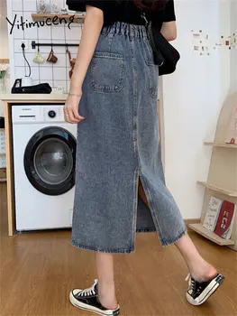 Женские юбки миди Yitimuceng с высокой талией 2023, модная весенняя винтажная джинсовая юбка с разрезом, шикарная повседневная однотонная свободная юбка Y2k