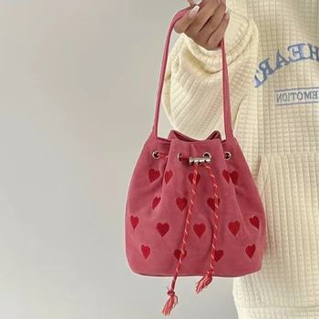 Милая Сердечная Женская сумка на шнурке с вышитым рисунком Женская сумочка-ведро Сумки Ретро Розовая Женская клетчатая сумка-мессенджер