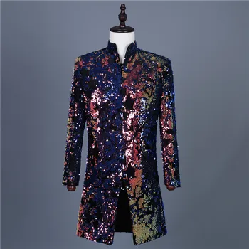 2023 Мужской цветочный синий фиолетовый черный бархатный с блестками модный тренд повседневный костюм пальто европейское и американское блестящее пальто бальное платье