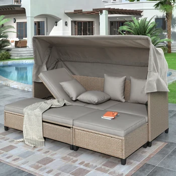 Комплект из 4 предметов, устойчивый к ультрафиолетовому излучению плетеный диван для патио из смолы с выдвижным навесом, подушками и подъемным столиком, коричневый