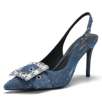 Женские синие сандалии из денима с квадратной пряжкой и стразами, лето 2023, женские французские туфли на высоком каблуке с острым носком 6 см 9 см