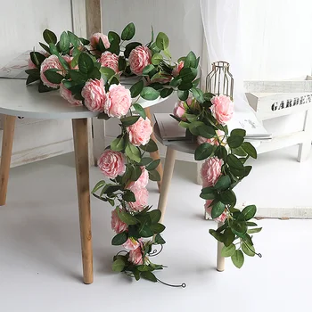 Шелковая искусственная розовая лоза, подвесные цветы для украшения стен, Ротанговая гирлянда из искусственных листьев растений, Романтическое свадебное украшение для дома