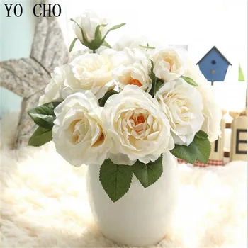 Свадебный букет из искусственных роз YO CHO 7head, Белые розовые Королевские синие розы, Шелковые цветы, украшение дома, декор для свадебной вечеринки