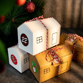 24 комплекта Белых подарочных коробок из Крафта, сумка в форме Рождественского винтажного дома, Коробка конфет для Рождественской вечеринки, упаковка 