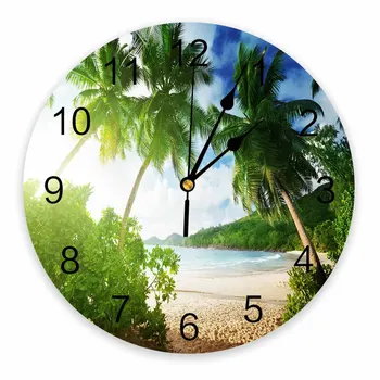 Декоративные Круглые настенные часы Beach Bush Green Sun с арабскими цифрами, не тикающие настенные часы большого размера для спален, ванной комнаты