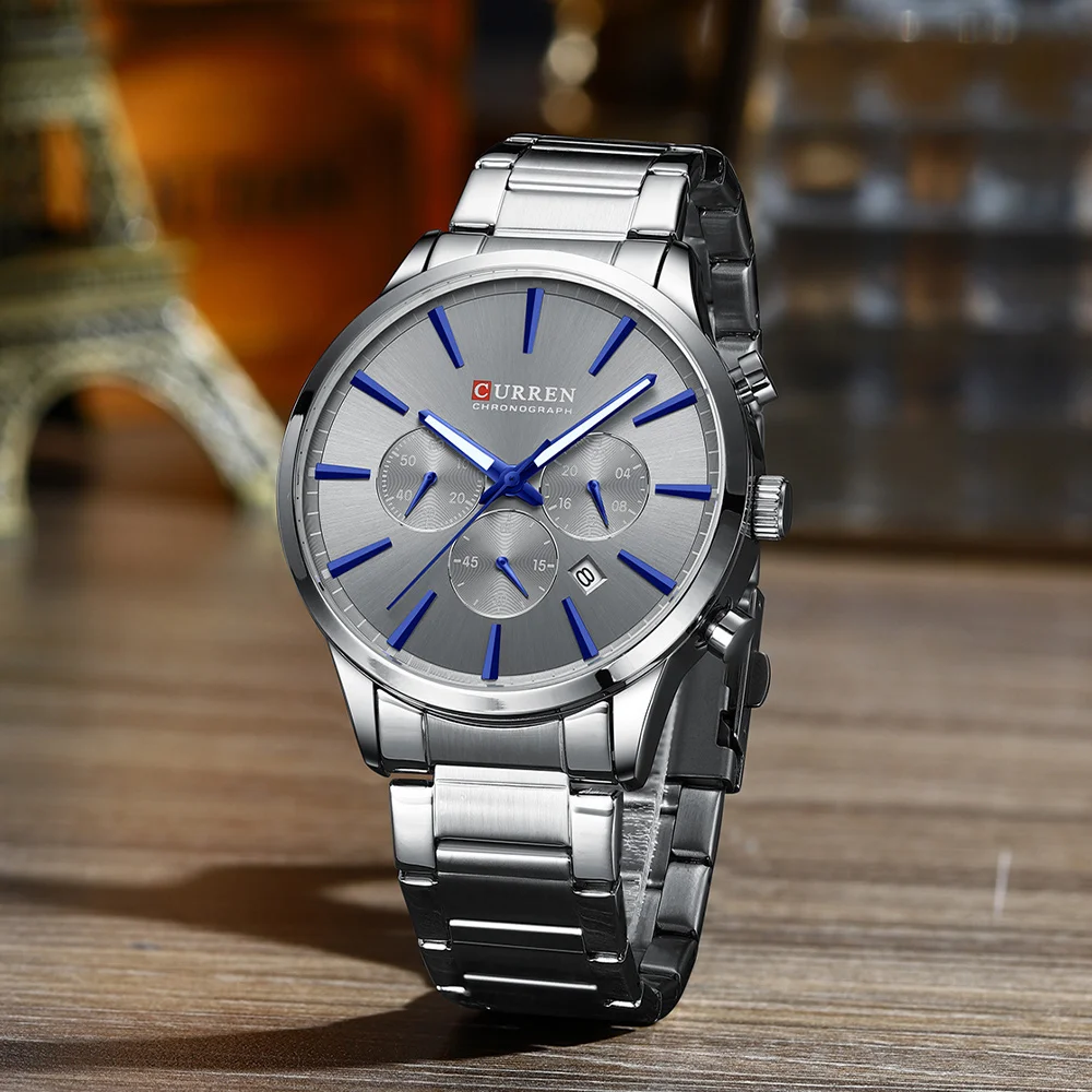 Новые мужские кварцевые часы CURREN с ремешком из нержавеющей стали Мужские наручные часы со светящимися стрелками Хронограф Спортивные часы
