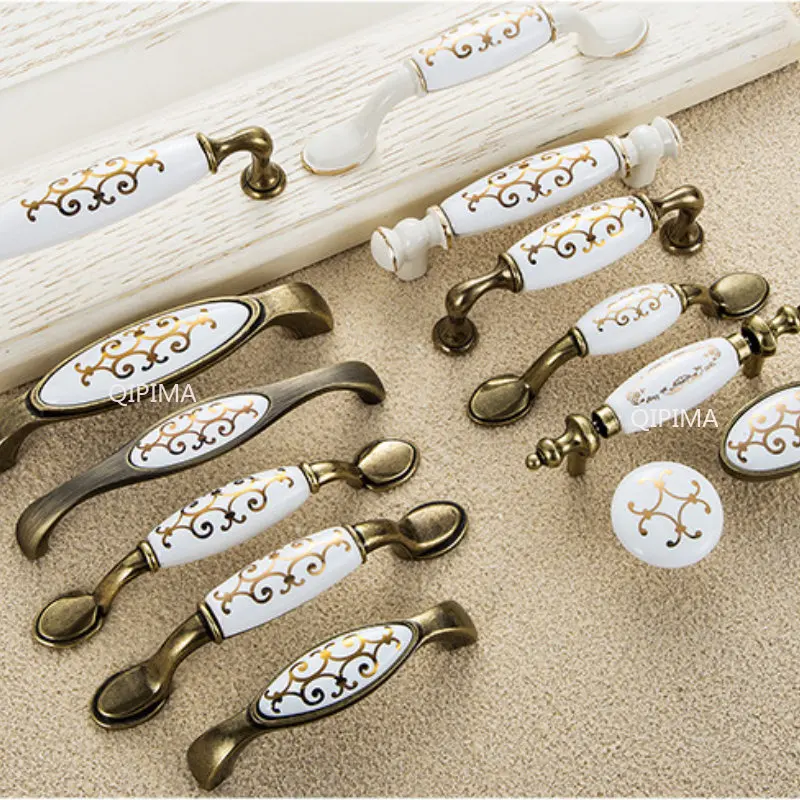 Дверные ручки шкафа из цинкового сплава Тянут Мебельную ручку 96 мм Европейская Керамика Бронза Золото Ручки шкафов Ручки ящиков